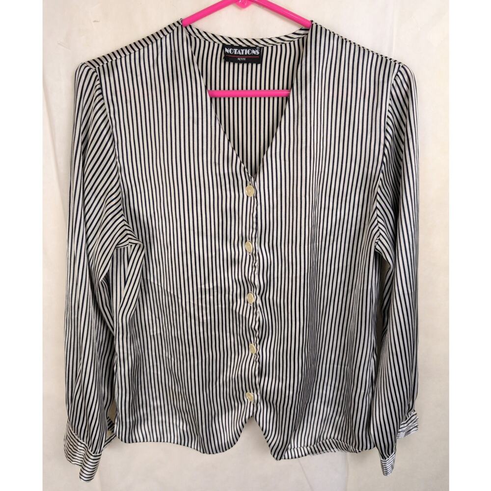 Notations petite black and silver striped satin button up shirt Med Retro Glam